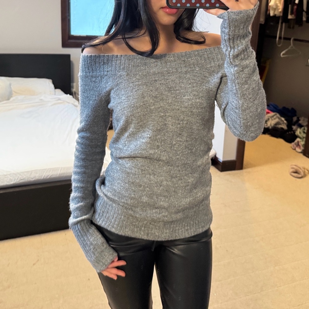 Grey Off the Shoulder Knit Sweater - Picture 2 of 6
